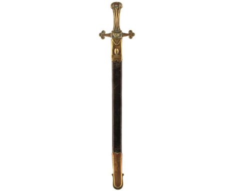 A VICTORIAN PATTERN 1856 MKI BANDSMAN'S SWORD, 55cm fullered blade, regulation brass hilt incorporating a bugle horn, contain