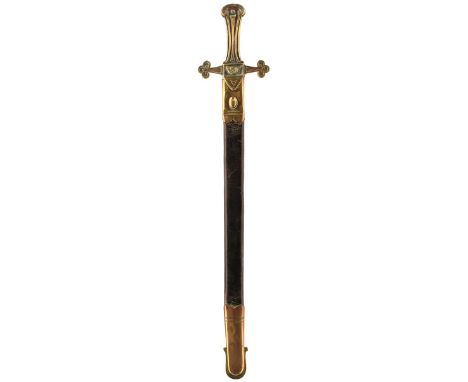 A VICTORIAN PATTERN 1856 MKI BANDSMAN'S SWORD, 55cm fullered blade, regulation brass hilt incorporating a bugle horn, contain