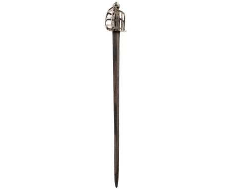 A MID-18TH CENTURY SCOTTISH HEAVY CAVALRY BASKET HILTED BACK SWORD, 81cm double fullered blade, sharpened for use and stamped