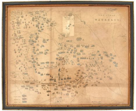 OF WATERLOO INTEREST, a framed print of the battlefield at Waterloo, depicting Allied, Prussian and French troop positions, f