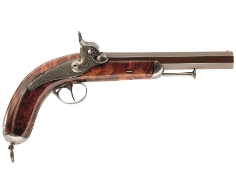 A 16-BORE CONTINENTAL PERCUSSION OFFICER'S PISTOL, 6.5inch sighted octagonal browned barrel, border and scroll engraved back 