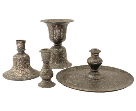 A COLLECTION OF BIDRI WARES, MOSTLY 19TH CENTURY INDIA, to include hookah pipe bases, vases, trays, etc. (a/f) From an establ