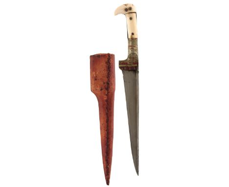 A 19TH CENTURY INDIAN CHOORA DAGGER, 19cm T-section damascus blade, characteristic white metal hilt with four-piece riveted i