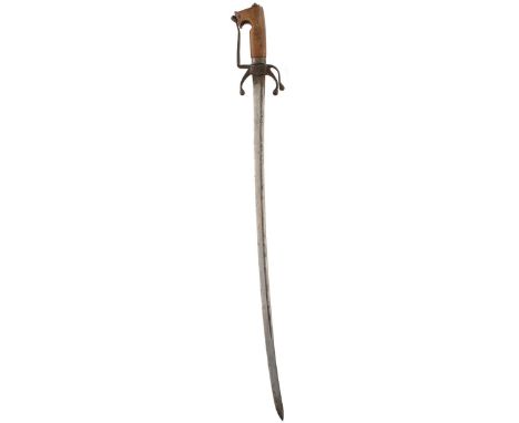 A 19TH CENTURY RHINOCEROS HILTED ARAB NIMCHA, 78.25cm fullered blade, characteristic steel hilt with white metal inlays, horn