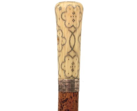 AN 18TH CENTURY WALKING CANE, the ivory and pique work handle decorated with stylized flowerheads and pierced to take a thong