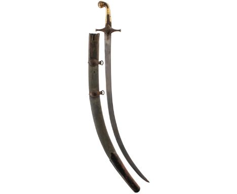 A 19TH CENTURY SHAMSHIR, 76.5cm sharply curved blade, edge nicks, characteristic hilt decorated in gold with panels of scroll