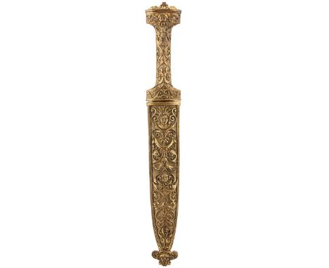 AN ITALIAN ROMANTIC DAGGER, 16.5cm triple fullered blade pierced with geometric designs, the cast gilt hilt decorated with sc