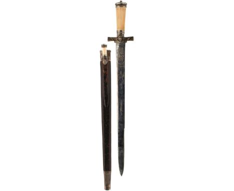 A 19TH CENTURY FRENCH SILVER MOUNTED HUNTING SWORD OR HANGER, 48cm polished blade decorated with panels of scrolling foliage,