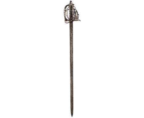 A COMPOSITE SCOTTISH BASKET HILTED RIDING SWORD, 77.5cm flattened diamond section fullered blade, characteristic hilt, 18th C