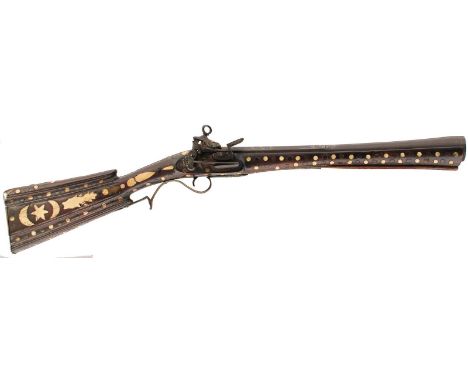 A SPANISH MIQUELET LOCK BLUNDERBUSS, 16.75inch two-stage barrel inlaid with a gold maker's tablet at the breech TE over NAS, 