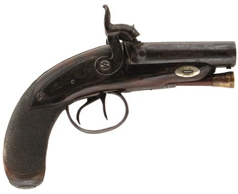 A 40-BORE DOUBLE BARRELLED PERCUSSION TRAVELLING PISTOL BY ANDREWS OF LONDON, 3inch sighted barrels, border and scroll engrav