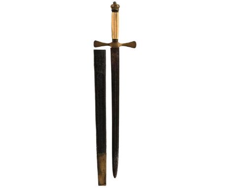 A COMPOSITE GEORGIAN DIRK, 35.5cm double fullered blade, brass hilt, the crossguard with spatulate terminals, castellated bra