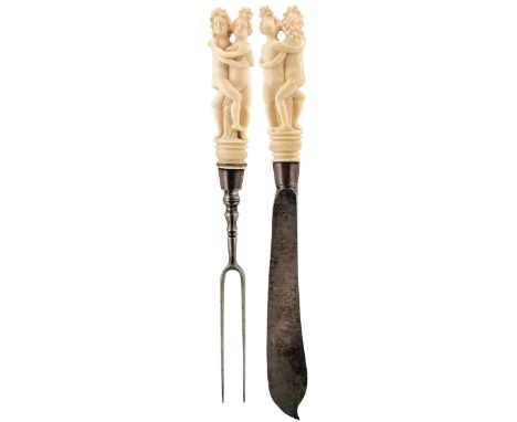 A 19TH CENTURY DUTCH TRAVELLING KNIFE AND FORK, the ivory handles each carved as a naked couple, steel blades, the knife 23cm