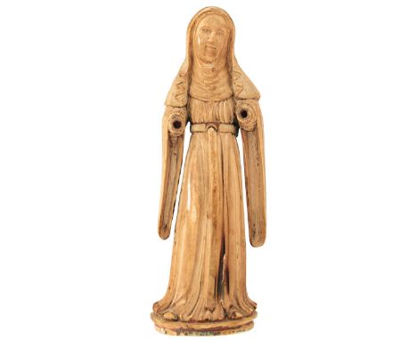 GOA, 18TH CENTURY, A CARVED IVORY FIGURE OF ST RITA DE CASCIA, lacking hands, 19cm high. From an established West Country Col