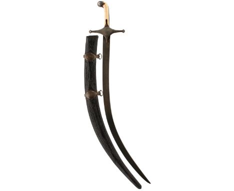 A 19TH CENTURY OTTOMAN SHAMSHIR FOR A BOY, 46cm sharply curved damascus blade, characteristic hilt with foliate and flowerhea