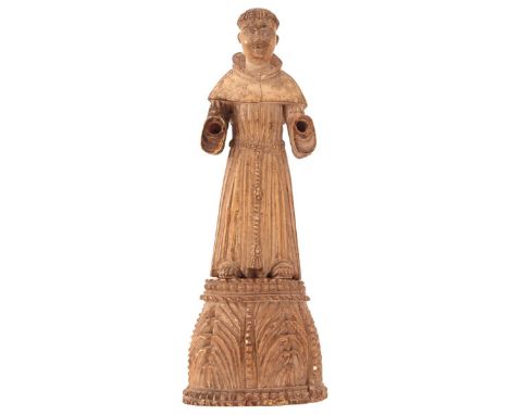 GOA, 17TH CENTURY, A CARVED IVORY FIGURE OF ST ANTHONY OF PADUA, standing in robes on acanthus carved base, hands lacking, 15