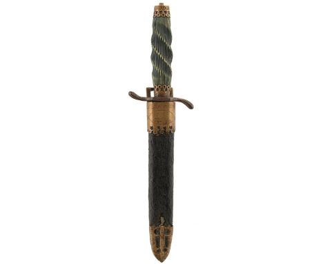 A LATER 19TH CENTURY GERMAN DAGGER, 14.5cm blade, recurved guard with green stained reeded celluloid grip, pierced brass moun