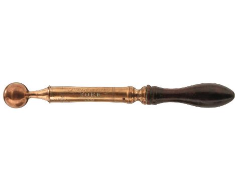 A WILLIAM IV TIPSTAFF, 33cm over all length, the copper body engraved PUBLIC OFFICE YORK 1836, spherical terminal, turned woo