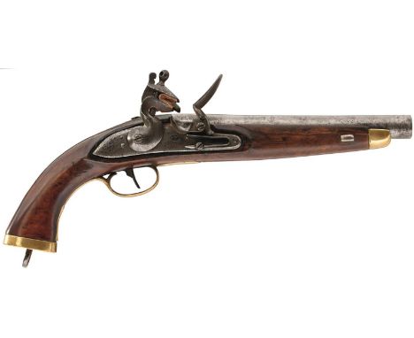A 14-BORE INDIAN ARSENAL BELGIAN TYPE FLINTLOCK SERVICE PISTOL, 9inch barrel, bevelled lock struck with a mark,  full stock, 