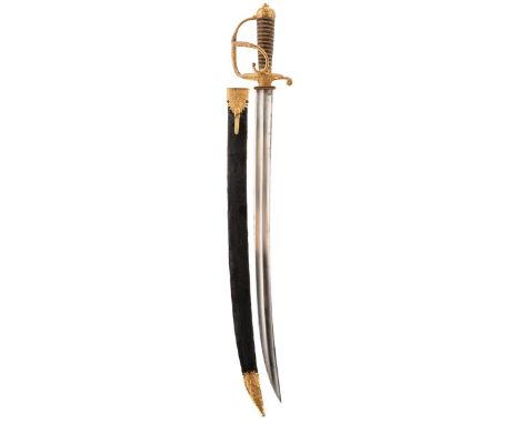 A FINE 18TH CENTURY GILT OFFICER'S HANGER OR SHORT SWORD, 53.5cm double fullered blade, characteristic gilt hilt with D-shape