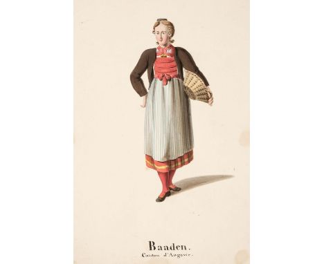 Switzerland &amp; Europe. An album of twelve fine watercolours of Swiss costume, and fifty-five engraved lithograph plates of