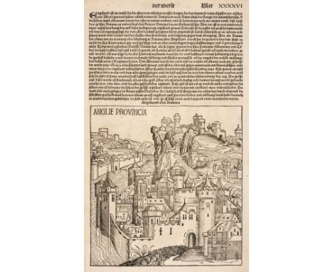 Schedel (Hartman). Anglie Provincia, [circa 1493], uncoloured woodblock of an imaginary view of an English town, German text 