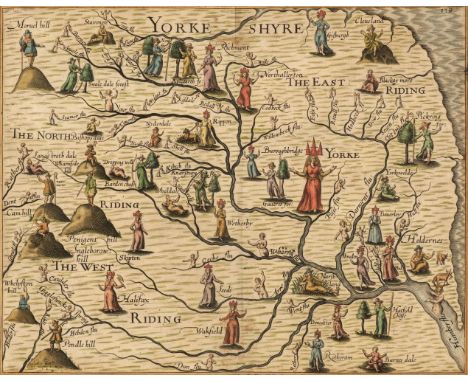 * Drayton (Michael). Untitled allegorical map of Yorkshire, circa 1622, hand-coloured engraved allegorical map, 240 x 305 mm,