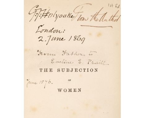 Mill (John Stuart). The Subjection of Women, 1st edition, London: Longmans, Green, Reader, and Dyer, 1869, presentation inscr