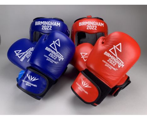 Two pairs of boxing gloves and two headguards from the Birmingham 2022 Women's Minimum Weight Quarter-Finals. Includes Margre