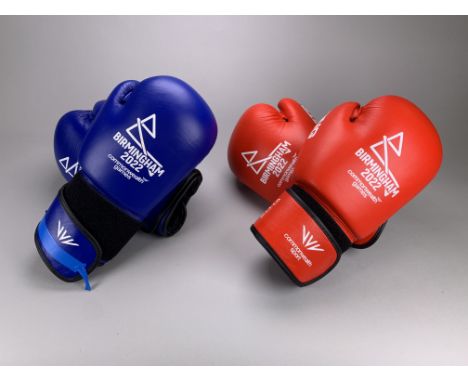 Two pairs of boxing gloves from the Birmingham 2022 Women's Lightweight Quarter-Finals. Includes Jade Burden's red gloves (Is