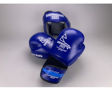 Blue left boxing glove worn by gold medal winner Amy Sara Broadhurst (Team Northern Ireland) in the Birmingham 2022 Women's L