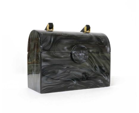 A vintage lucite black dome topped bag, front magnetic closure with button detail, single handle to top, gold-tone hardware, 