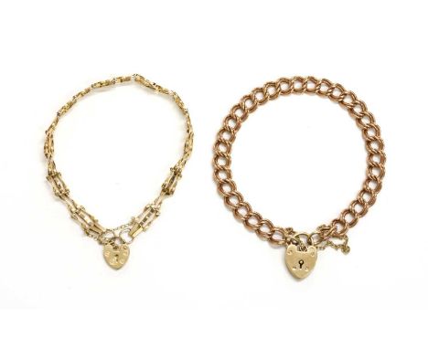A 9ct gold double curb link bracelet, with later heart shape padlock clasp, Birmingham, together with a 9ct gold three row ga