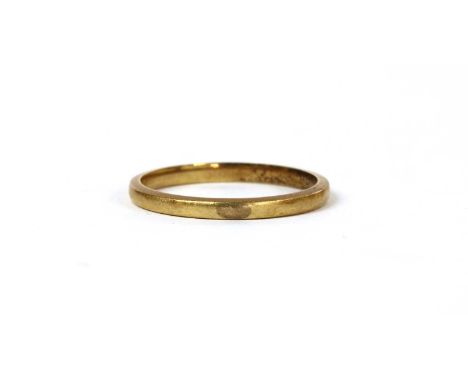 A gold wedding ring, tested as approximately 22ct gold, approximately 2mm wide, 1.79g.Finger size LCondition report: On one s