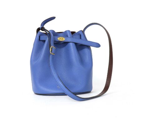 A Mulberry blue leather Abbey bucket bag, with drawstring belt and postmans lock closure, gold-tone hardware, contrast brown 
