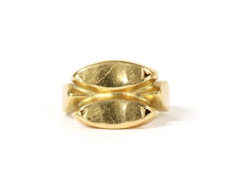 A gold ring, by Georg Jensen, no. 1098, with two hollow lozenges to the head, damaged, to a tapered shank, marked 18k 750, 5.