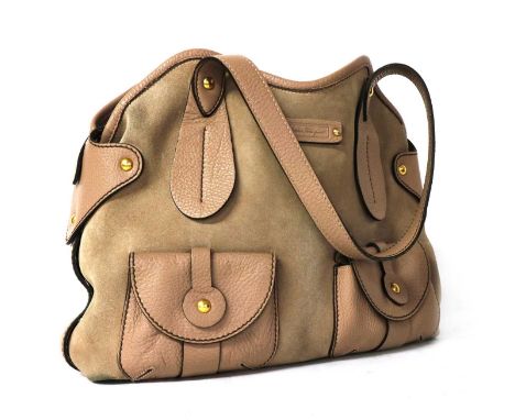 A Salvatore Ferragamo beige suede and leather handbag, dual flat handles, two pockets to front, gold-tone hardware, zip closu