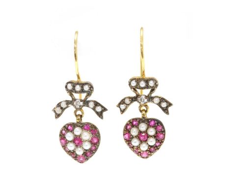 A pair of silver and gold, ruby, diamond and split pearl drop earrings, a heart motif grain set with circular mixed cut rubie