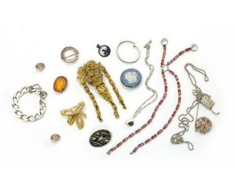 A quantity of silver and costume jewellery, to include a silver boulder opal pendant, suspended on a figaro chain, a silver c