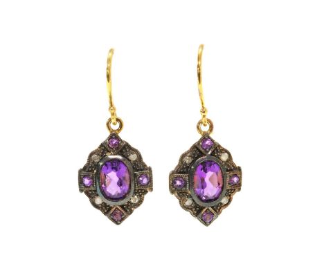 A pair of silver and gold, amethyst and diamond drop earrings, an oval mixed cut amethyst, rub set, to lozenge shaped surroun