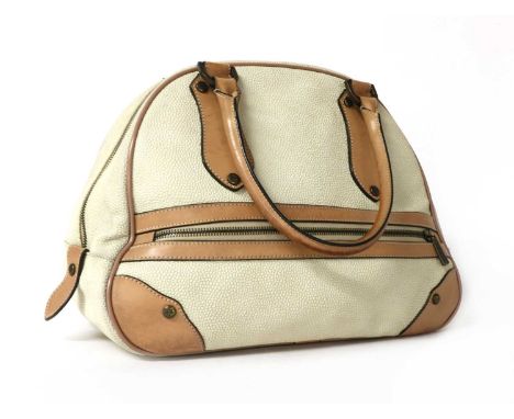 A Mulberry cream Scotchgrain bowling handbag, with tan leather trim and dual-rolled handles, a front zip pocket, zip top clos