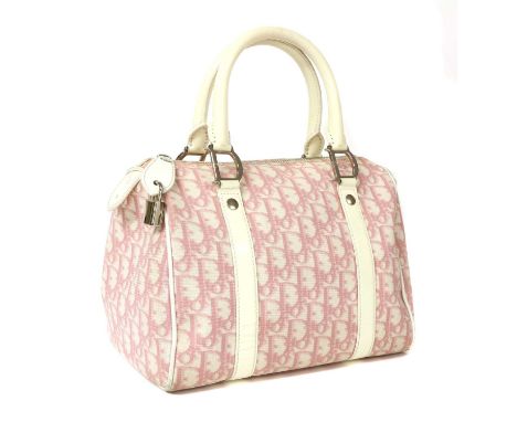 A Christian Dior pink canvas Boston Bag,white leather dual rounded handles and detailing, silver-tone hardware, zip-top closu