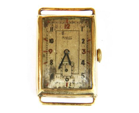An Art Deco 9ct gold Tissot mechanical watch, curved rectangular case 33 x 44mm, with a silvered dial, black Arabic numerals 