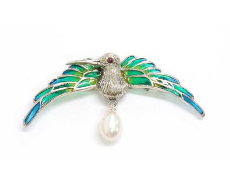 A silver plique-à-jour enamel brooch/pendant, in the form of a bird, with blue, green, and yellow plique-à-jour enamel wings,