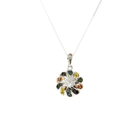 A white gold diamond and fancy coloured diamond pendant, a brilliant cut diamond daisy cluster to the centre, to lobed collet