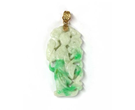 A carved jade pendant, in the form of a figure, with gold cap and articulated bale, tested as approximately 14ct gold, 63mm l
