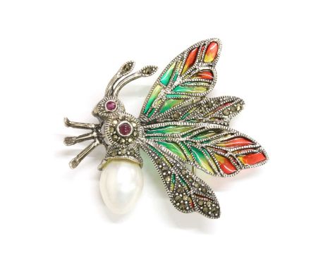 A silver plique-à-jour enamel and assorted gemstone insect brooch, possibly a bee or a moth, with red, yellow and green pliqu