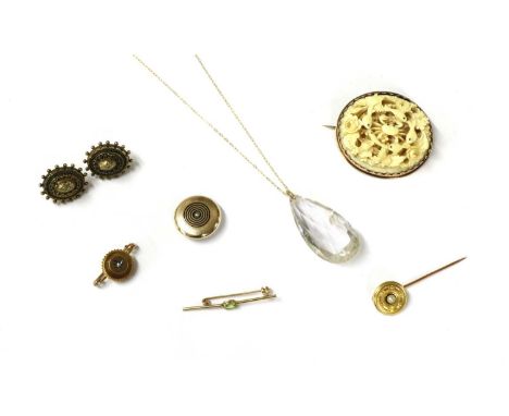 A quantity of jewellery, to include a French gold pearl set stick with, tested as approximately 18ct gold, with eagle poinçoi