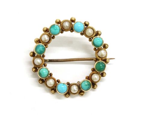 A Victorian gold turquoise and pearl wreath brooch, with alternating round cabochon turquoise, rub set, and pearls, peg set t