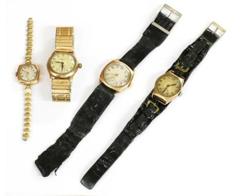 Four 9ct gold mechanical watches, to include a mid-size cushion-shaped watch with Dennison case, and strap, Birmingham 1932, 